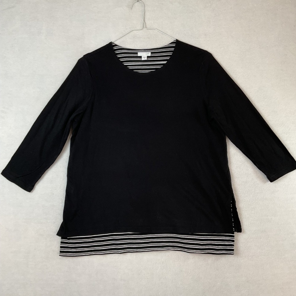 J. Jill Black Striped Layered Look 3/4 Sleeve Top Tunic Knit Womens Medium M